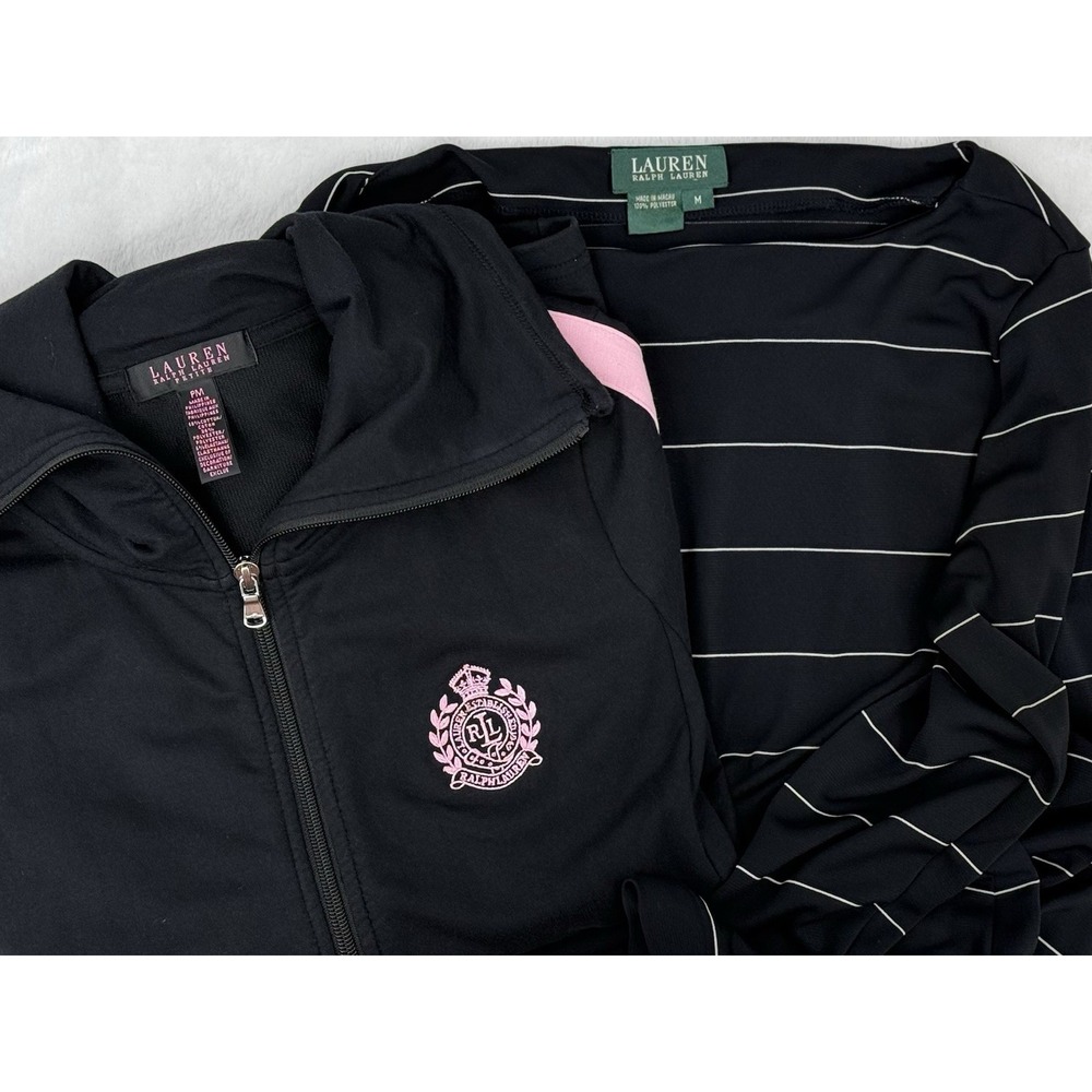 Lauren Ralph‎ Lauren Cowl Full Zip Sz Pet M & Thin Blk Whte Stripe dress Sz M